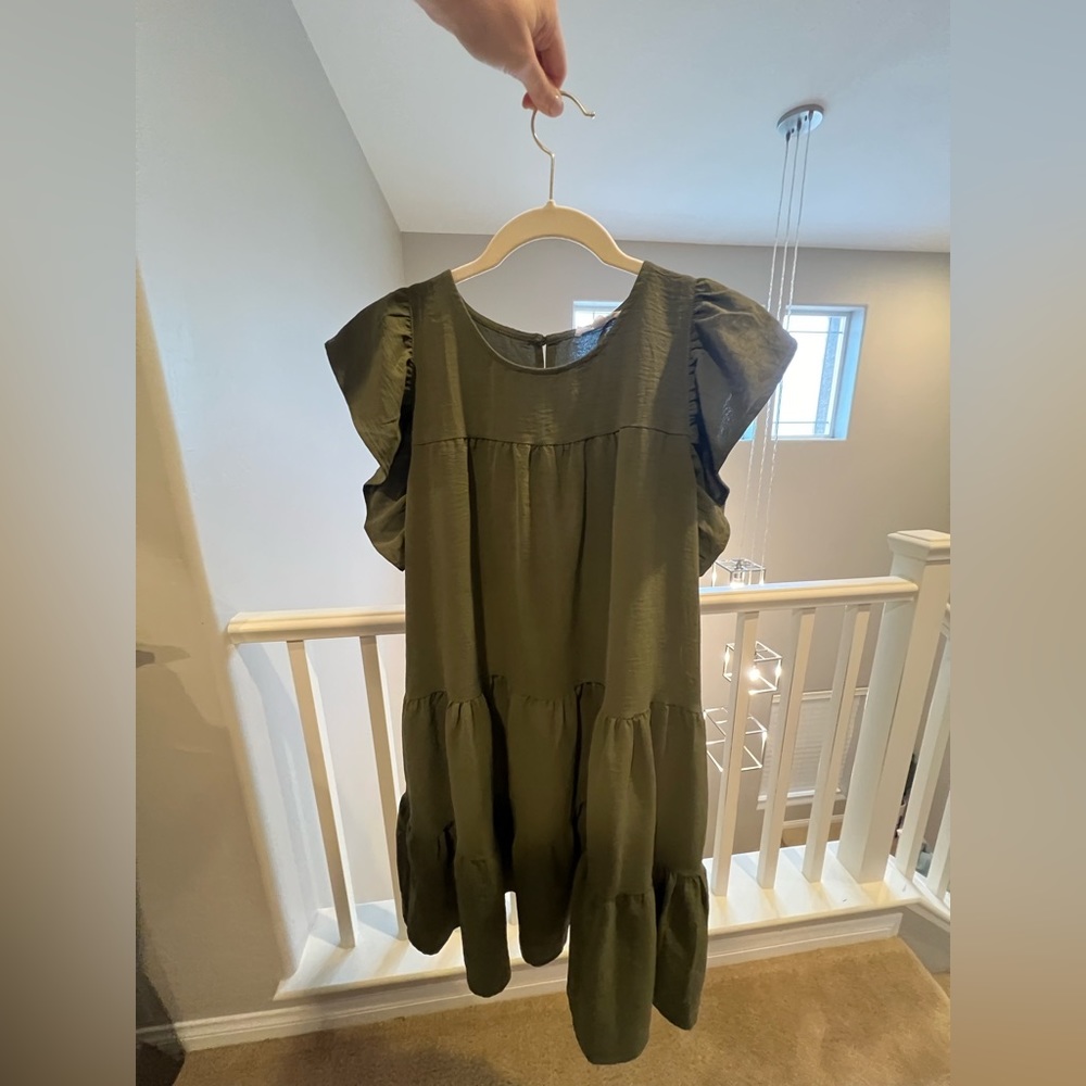Vici Olive Army Green Flutter Sleeve Dress - Medium